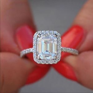 18k White Gold Emerald Cut Diamond Halo Ring, NICE EARRINGS, CUTE EARRINGS